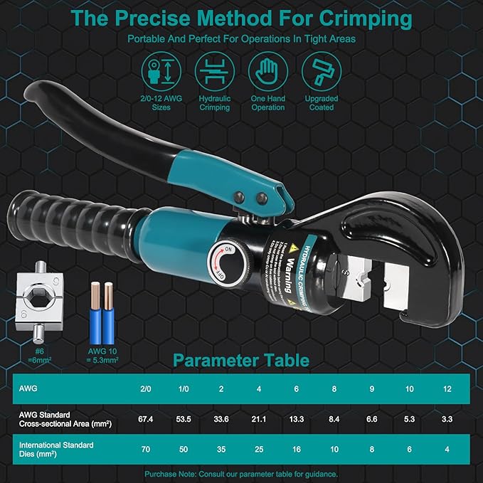 Hydraulic Crimping Tool, Hydraulic Crimper 10 Tons for 12-2/0 AWG Cable, Battery Lugs, Wire Lugs, Battery Cable Crimper Tool with 9 Pairs of Dies, 1/8” Wire Rope Crimping Tool