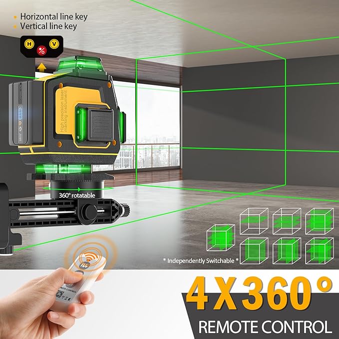 Laser Level 360 Self Leveling, SAVSEC Rechargeable (Up to 37H) 4D Lazer Leveler Tool Kit, 16 Lines Green Leveler Tool Rechargeable/Stepless Dimming/Remote Control/Switchable for Home & Outdoor