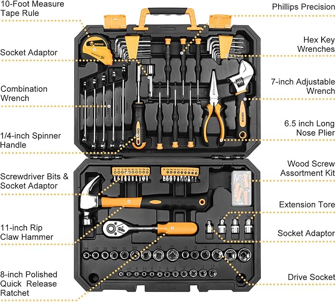 DEKOPRO 128 Piece Tool Set-General Household Hand Tool Kit, Auto Repair Tool Set, with Plastic Toolbox Storage Case
