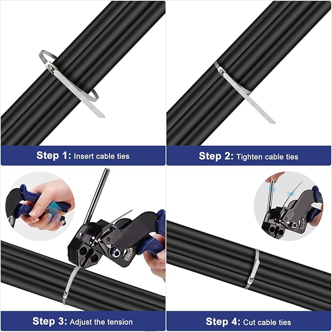 Stainless Steel Cable Tie Gun Kit with 150PCS Metal Zip Ties (Heavy Duty Outdoor) – Heavy Steel Cable Tie Tool, Industrial Scissors & Gloves – Chain Link Fence Parts, Durable Stainless Zip Ties