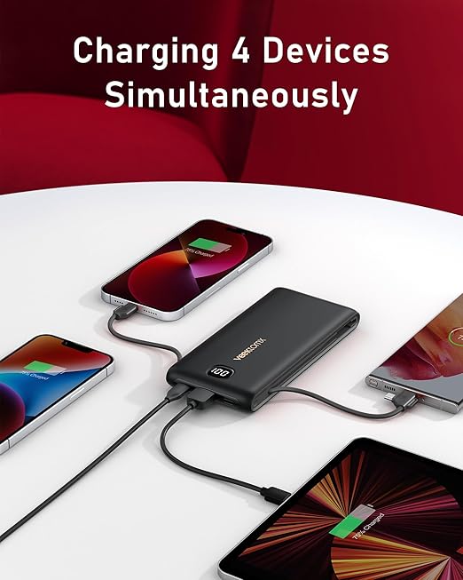 Portable Charger Power Bank Built in Cables and Wall Plug, 10000mAh iPhone Battery Pack Fast Charging, USB C External Slim Power Bank, Travel Essentials Compatible with iPhone 16 15 14 13 iPad, Black