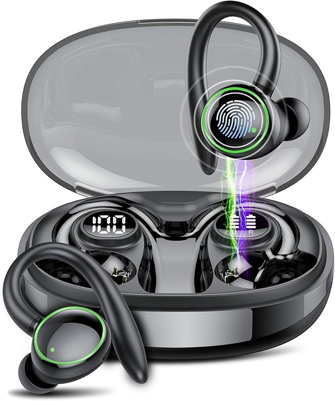 Wireless Earbuds, Bluetooth 5.3 Headphones Sport, Over Ear Buds With ENC Noise Cancelling Mic, 48H, Wireless Earphone With Earhooks, Stereo Deep Bass, IP7 Waterproof Headset for Workout Running, Black