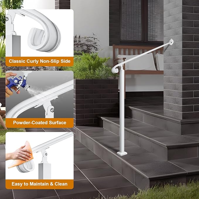 Adjustable Handrail 1-2 Step, Wall&Floor Mounted Wrought Iron Handrails, Handrails for Outdoor Steps, Stair Rail with Installation Kit Hand Rail, White