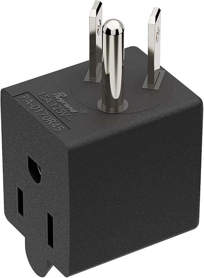 90 Degree Right Angle USA 3-Prong Male-Female Adapter, 5-15P to 5-15R, Black
