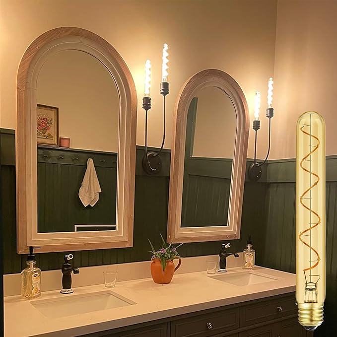 Leools T10 Long Tubular Light Bulb,60 Watt Equivalent E26 Base Amber Vintage Edison Bulb 6W Dimmable Tubular Antique Style Decorative LED Filament Light Bulb, 2200K Warm White,8.9 Inch,Pack of 4