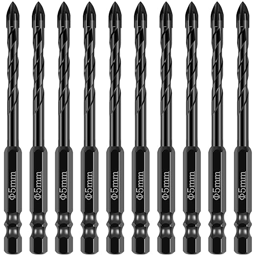 10Pcs Concrete Drill Bit Set 5mm Alloy Masonry Drill Bit Set Stable Carbide Tipped Tile Drill Bit Cross Head 1/4 Hex Shank Drilling Hole Bit for Concrete Cement Brick Wood (5mm 10pcs)