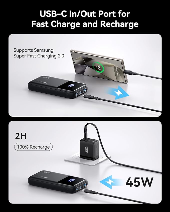 INIU Power Bank, 20000mAh 65W Compact USB C Laptop Portable Charger, PD QC Fast Charging 3-Output Battery Pack, Travel Charger for Laptop MacBook iPad Tablet Steam Deck iPhone 16 15 Samsung S22