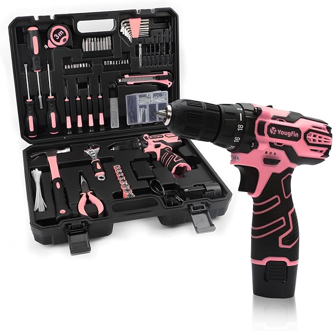 YOUGFIN Pink Drill Set for Women, Tool Kit with Drill 12V or Home Office Repairing & Improvement, Household Drill Set Power Tool with Pink Tool Box 195 Pieces