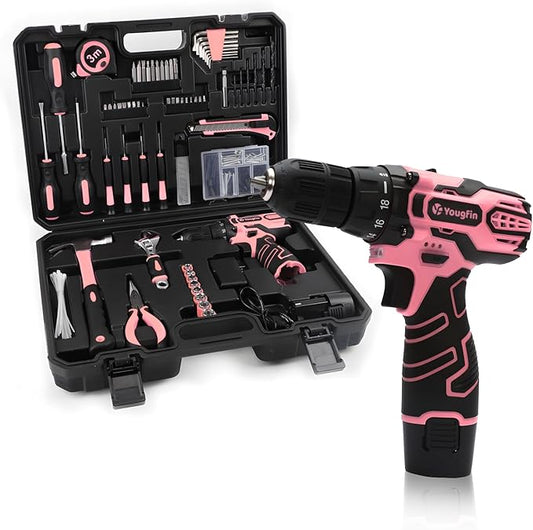 YOUGFIN Pink Drill Set for Women, Tool Kit with Drill 12V or Home Office Repairing & Improvement, Household Drill Set Power Tool with Pink Tool Box 195 Pieces