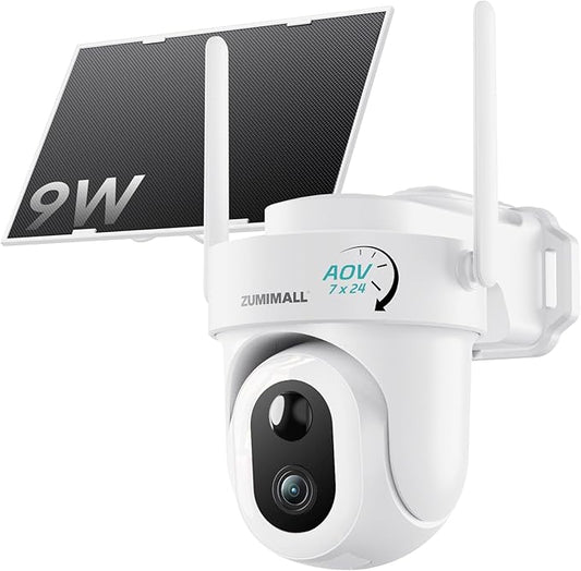 ZUMIMALL 9W Solar Security Cameras Wireless Outdoor, AOV 24/7 Recording Cameras for Home Security, 360° View, 2K Color Night Vision, 2-Way Talk, 2.4GHz WiFi, Auto Tracking, SD/Cloud/Alexa/AI