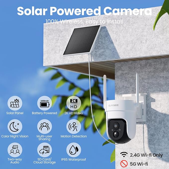 2K Security Cameras Wireless Outdoor, Solar Powered Cameras for Home Security with 360° Viewing, PIR Motion Detection, Color Night Vision, 2.4Ghz WiFi, 2-Way Audio, Cloud/SD, Works with Alexa