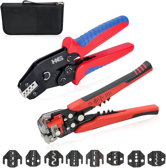 HKS Ratcheting Crimping Tool Set 12 PCS with Wire Stripper & Changeable Jaws for Dupont JST MOLEX - Open Barrel Terminals, Insulated & Non-Insulated Ferrules, Butt Connectors, Solar & Coax Connectors