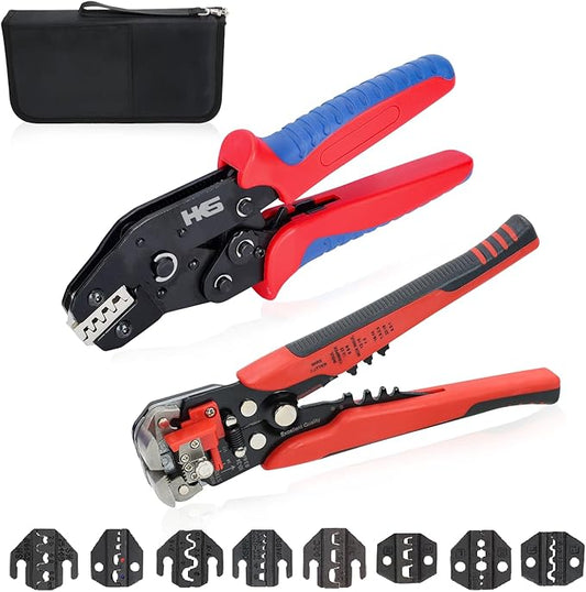 HKS Ratcheting Crimping Tool Set 12 PCS with Wire Stripper & Changeable Jaws for Dupont JST MOLEX - Open Barrel Terminals, Insulated & Non-Insulated Ferrules, Butt Connectors, Solar & Coax Connectors