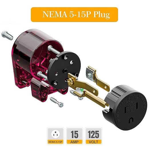 2 Pack Nema 5-15P Plug, 90 Degree Right Angle Plug 15A 125V Angled Plug, Nema 5-15P DIY AC Plug, USA 3-Prong Household Right Angle AC Plug, Red Color ETL Verified