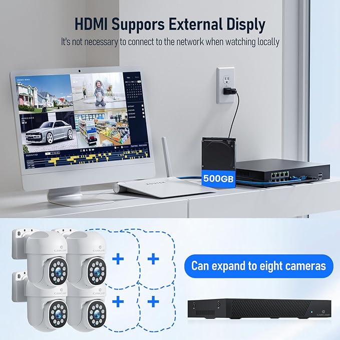Camcamp 5MP Home Security Camera System, 4Pcs POE Wired Cameras for Home Security with 8CH 4K CCTV NVR, Auto Tracking, 2-Way Audio, Color Night Vision, 500GB HDD 24/7 Recording for Outdoor, Business