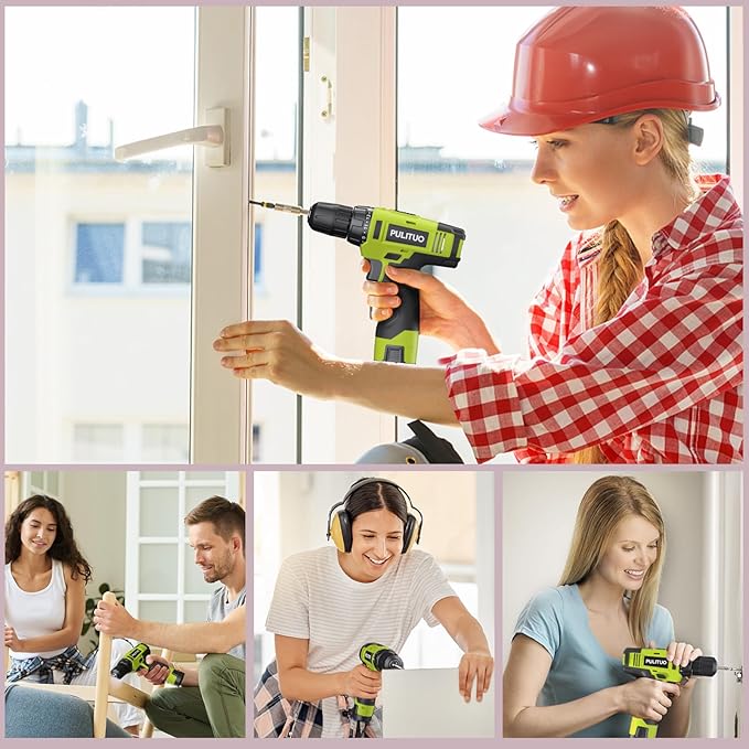 PULITUO 12V Green Cordless Drill Set - Power Drill Kit with Battery and Charger, 3/8-Inch Keyless Chuck, Built-in LED, 21+1 Torque Setting