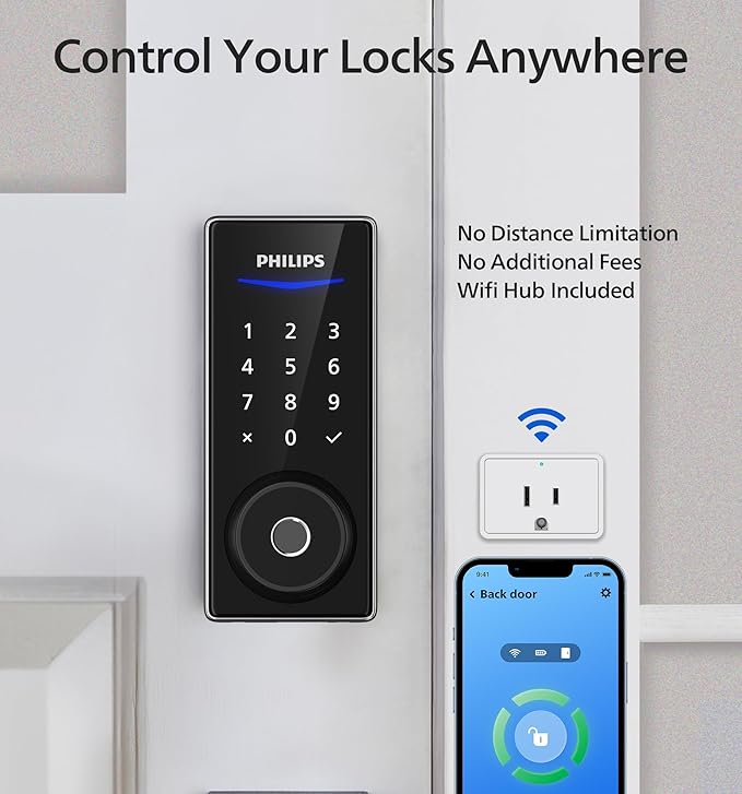 Philips Wi-Fi Smart Door Lock, Keyless Entry Door Lock with App Control,Fingerprint ID,Auto Lock,Keypad Deadbolt with Wi-Fi Bridge Adaptor,Smart Locks for Front Door-Satin Nickel