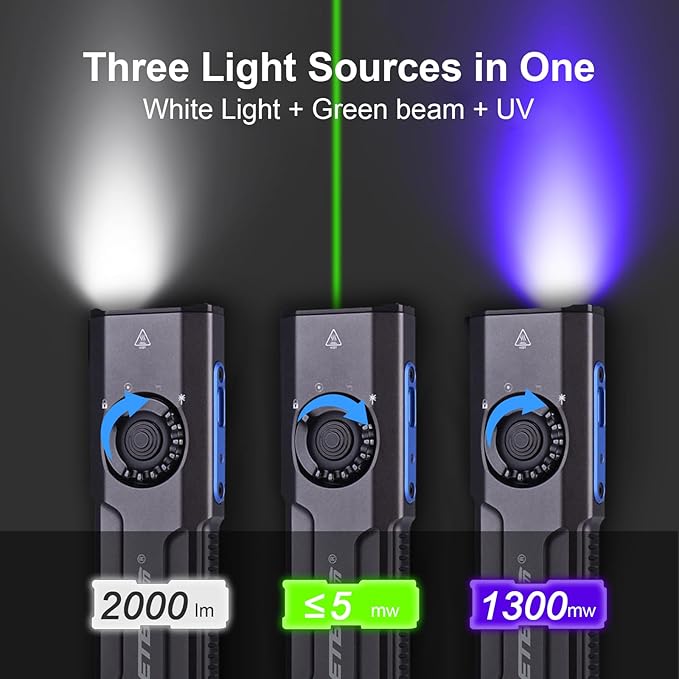 JETBeam E26 EDC Tactical Flashlight 2000 Lumens USB-C Rechargeable with Green Beam,365nm UV and White LED Combo Portable Pocket Lights,Triple Sources for Emergency,Working,stain Detecton(with Battery)