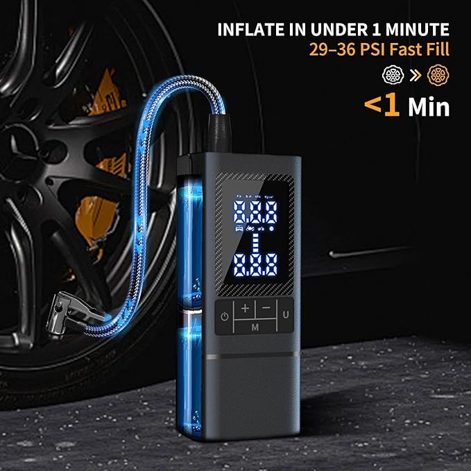 Tire Inflator, Portable Air Compressor for Car with Touch Screen, 150PSI Cordless, Fast Inflation (0-2.5BAR in 10min), Power Bank & LED Light, Auto Shut Off for Bike, Motorcycle, Ball-Black