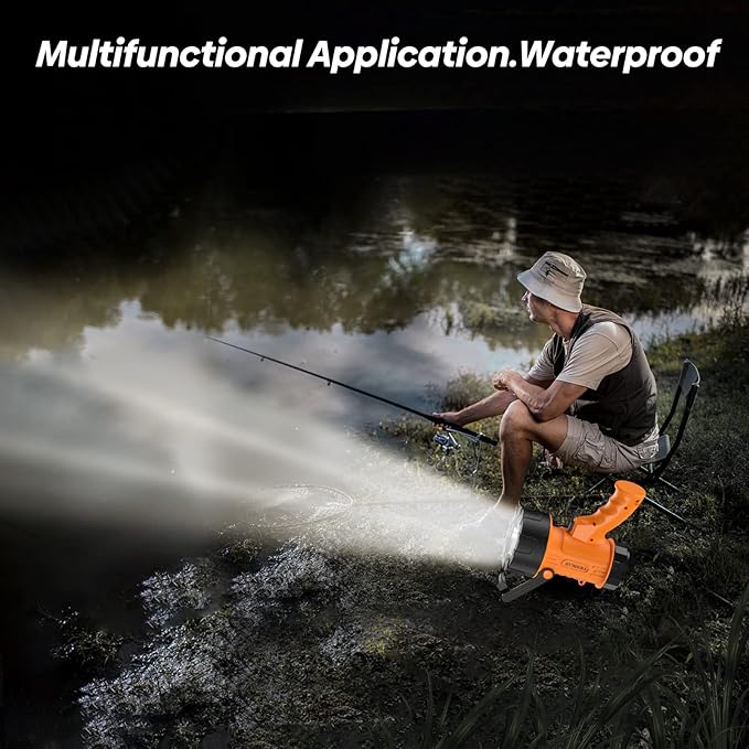 YIERBLUE Rechargeable Spotligh with 1000,000 Lumen LED, Handheld Rechargeable Spotlight IP67 Waterproof Flashlight, 9h Ultra-Long Standby, Ideal Spotlight for Boating, Camping