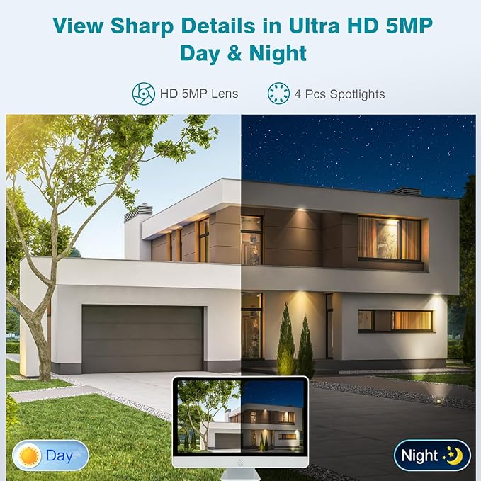 Wireless Security Camera System with 16" IPS Monitor, AI Human Detection, Floodlight,Siren Alarm, 2-Way Audio,4PCS 5MP Camera,Expandable 16CH NVR,Home Business Surveillance,3TB HDD