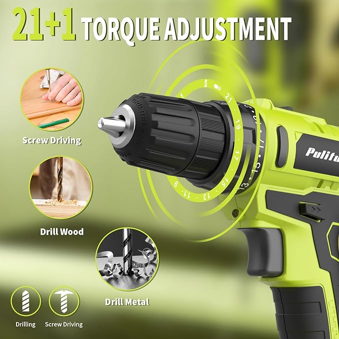 PULITUO'S 20V Cordless Drill/Driver, Electric Screwdriver - 2 Batteries, 30Nm, 21+1 Torque, 2 Speed, Keyless 3/8" Chase Drill with LED Light, Kit for Home (Green)