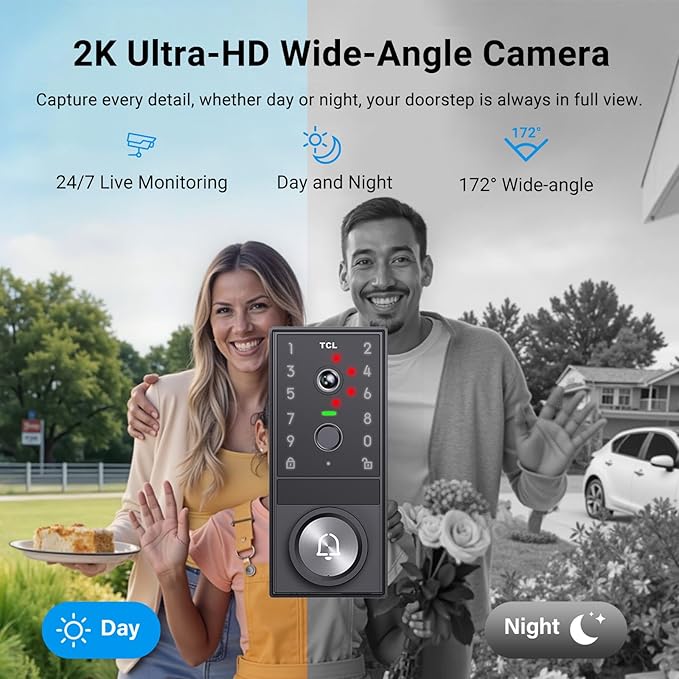 TCL Video Smart Lock D1 Max, 3-in-1 2K Camera+Doorbell+Fingerprint Door Lock, Built-in Wi-Fi Deadbolt for Front Door, Keyless Entry, Auto Lock, App Remote Control, Easy Installation