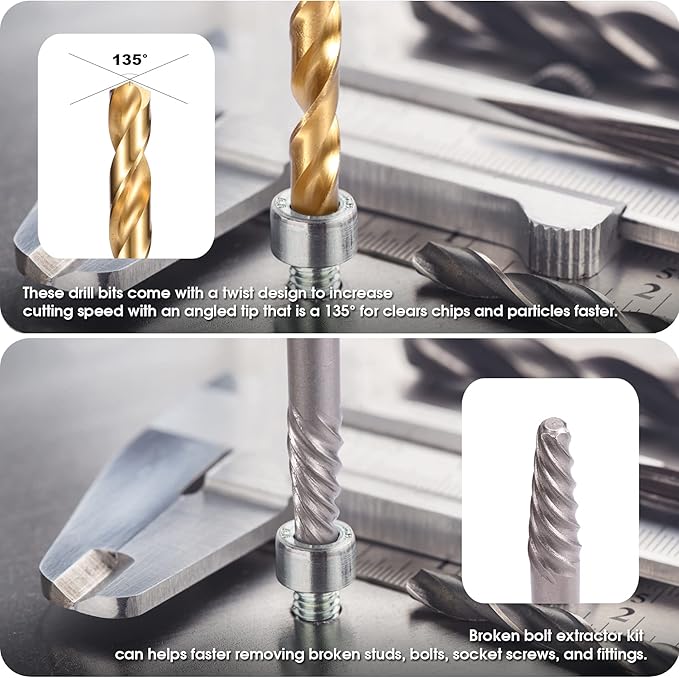 REXBETI 26-Piece Bolt Extractor Screw Extractor Set and Cobalt Drill Bit Set, Case with 13-Piece Bolt Extractor, 6-Piece HSS Drill Bit, 6-Piece Spiral Screw Extractor and 1-Piece Socket Adapter