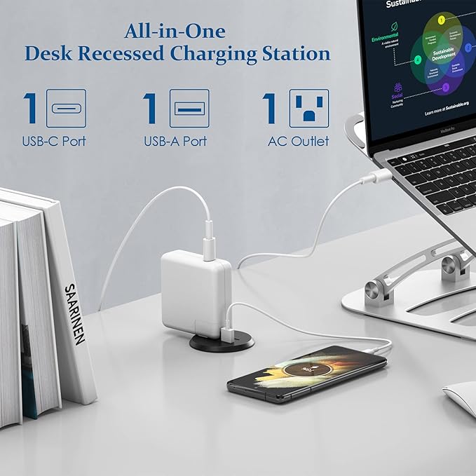 2 inch Desktop Power Grommet with PD 20W USB C,Ultra Thin Flat Plug Power Strip,Recessed Outlet,Slim Outlet Extender for Office,Table Outlets for Home, Office,6 ft Cable(Black)