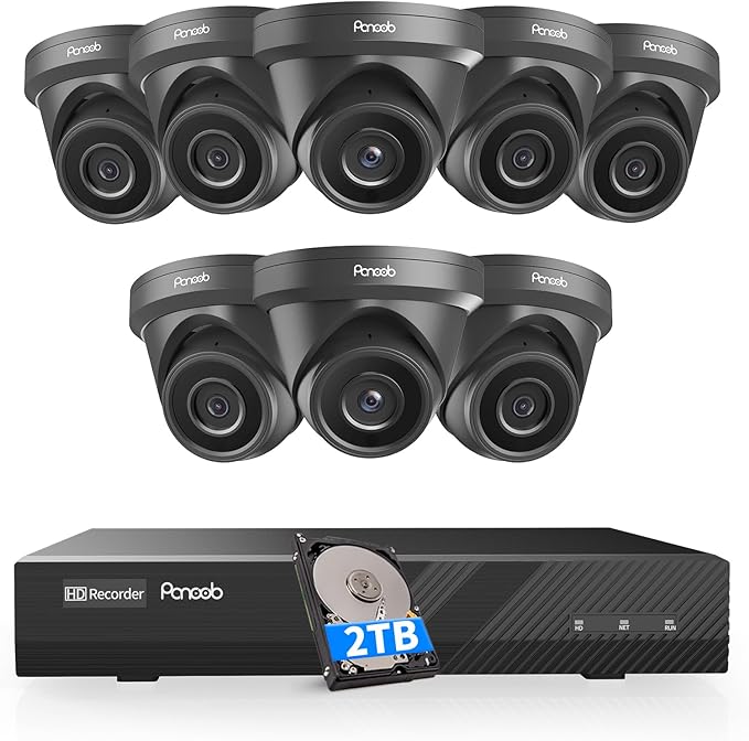 8 Channel Security Camera System PoE, 8X Wired IP Dome Turret PoE Camera for Indoor Outdoor, Remote Playback 24/7 Recording, Human Detection, Built-in Mic, 4K 8CH NVR 2TB HDD, PD93A30808-5M