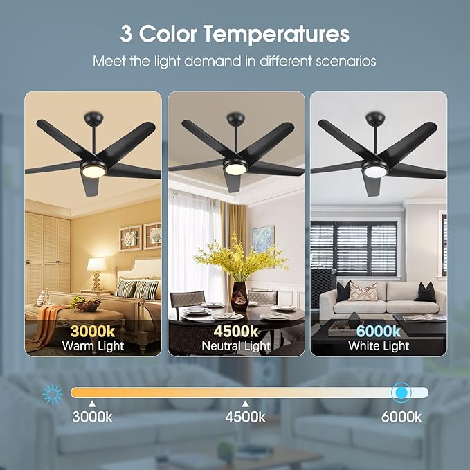 KINDLOV 52 inch Ceiling Fans with Lights and Remote,Outdoor Ceiling Fan with Light,6 Speeds,3CCT,Black Modern Ceiling Fan for Bedroom,Patio,Living Room,Indoor/Outdoor Use