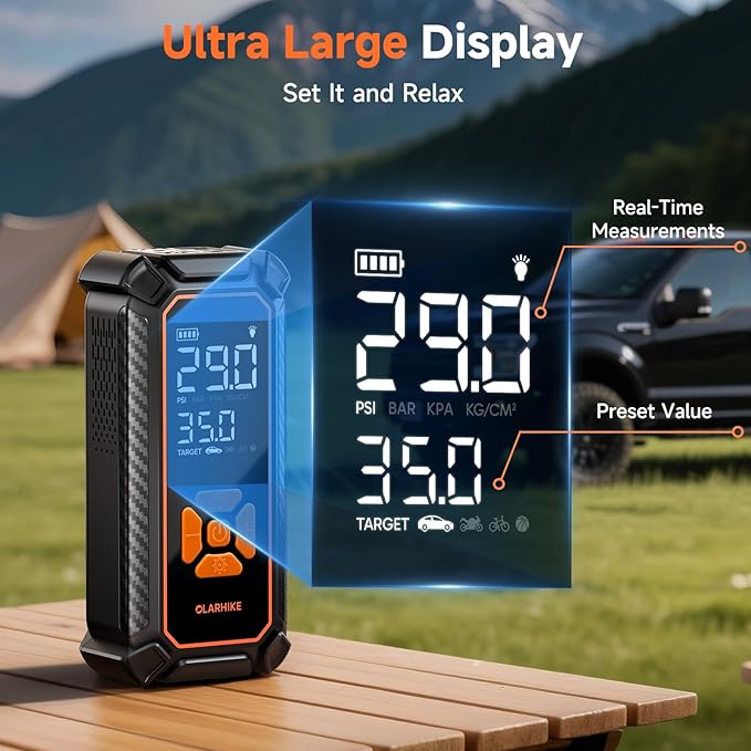 OlarHike Cordless Tire Inflator Portable Air Compressor, Ultra Fast Inflation, Air Pump for Car Tires, Pickup Truck, Motorcycle, Bicycle, Balls, Electric Pump with LED Light & Digital Pressure Gauge