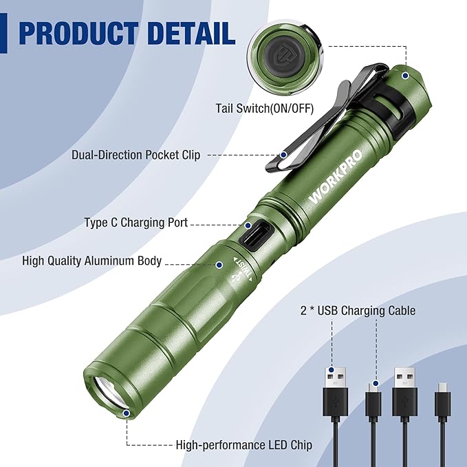WORKPRO Rechargeable Pen Light, Mini Flashlight, 2 Pack Ultra-Compact EDC Flashlight, Pocket Flashlight with Clip, Memory Function and 2 x USB C Cable Included, Green
