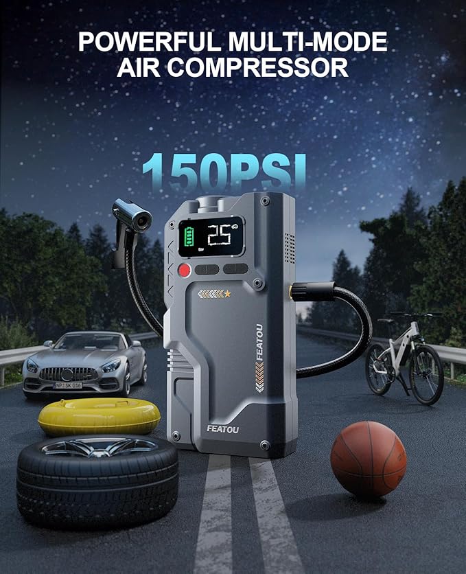 Jump Starter with Air Compressor, 5 in 1 Functional Jump Box 4500A Peak Power Pack with 150PSI Digital Tire Inflator, Portable Car Charger Jumper for 8.5L Gas or 7.0L Diesel