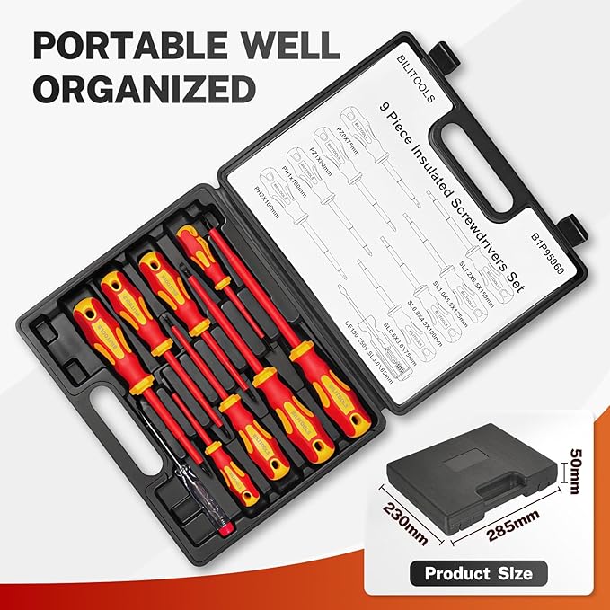 BILITOOLS Insulated Screwdriver Set, 9pcs 1000V Electrical Screwdriver Insulated VDE Tools for Electrician Magnetic Phillips Slotted Pozidriv Tips