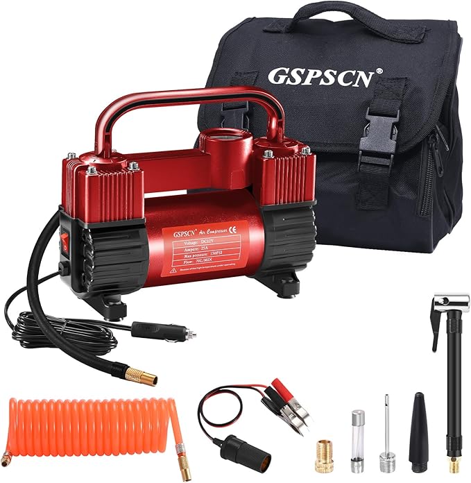 GSPSCN Red Tire Inflator Heavy Duty Double Cylinders, Portable Metal DC 12V Air Compressor - Car Accessories，150PSI Tire Pump with Adapter for Car, Truck, SUV Tires, Dinghy, Air Bed etc