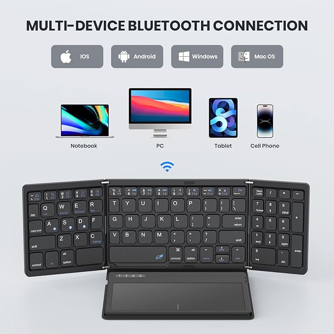 Foldable Bluetooth Keyboard, Portable Full Size Folding Keyboard with Large Touchpad, Numeric Keypad, PU Leather, Wireless TravelKeyboard for Windows Android Mac(Sync up to 3 Devices)