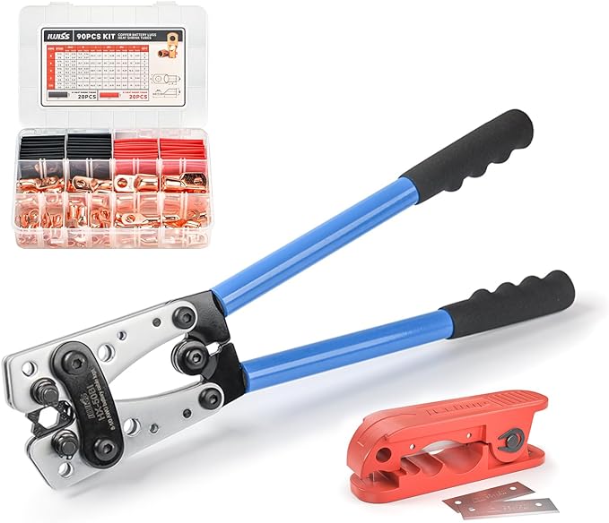 iCrimp Battery Cable Lug Crimping Tool Kit For Copper Lugs Awg 8-1/0,Battery Cable Crimper with Stripper 90pcs Copper Battery Lugs/Heat Shrink Tubes