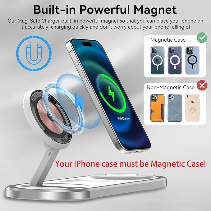 3 in 1 Wireless Charger for iPhone, Foldable Charging Station for Magsafe for iPhone 16/15/14/13/12/Pro Max/Pro/Mini/Plus, Apple Watch 10/9/8/7/SE/6/5/4/3/2/1/Ultra2/Ultra, AirPods pro/2/3/4 (Silver)