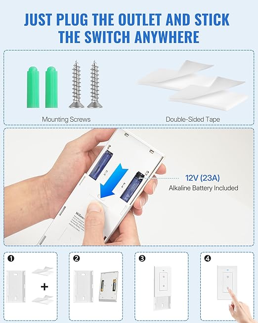 Remote Control Outlet Wireless Light Switch, Expandable and Removable Remote Outlet Switch Kit for Lamps, Fan, Home Appliance, 100ft RF Range, FCC Listed (1 Controller + 2 Outlets) W05RC1206