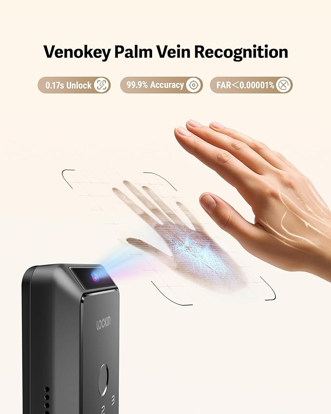 Lockin Veno Smart Lock with Palm Vein, Keyless Entry Smart Locks for Front Door with Doorbell, Fingerprint Lock Built-in WiFi, App Remote Control, 7-Month Battery Life, IP65 Waterproof