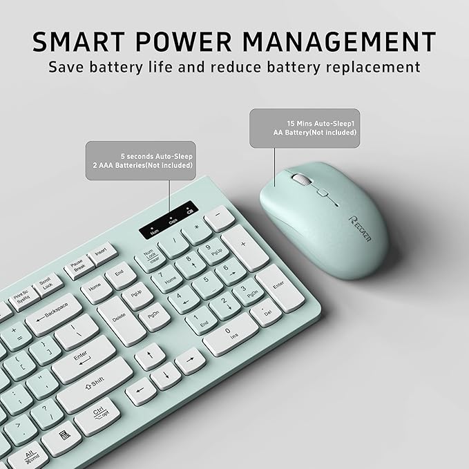 Wireless Keyboard and Mouse Combo, Full-Sized Wireless Keyboard and Adjustable DPI Mouse, 2.4GHz USB Receiver, Wireless Keyboard and Mouse for PC, Windows, Desktop, Laptop (Mint Green and White)