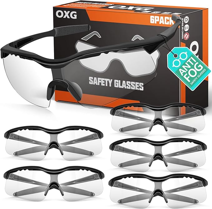 OXG 6 Pack Anti-Fog Safety Glasses, ANSI Z87+ Impact & Scratch Resistant Protective Eyewear for Work, Lab, Construction