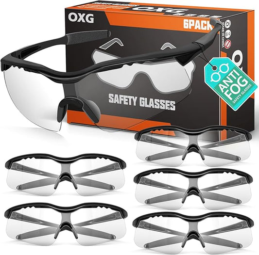 OXG 6 Pack Anti-Fog Safety Glasses, ANSI Z87+ Impact & Scratch Resistant Protective Eyewear for Work, Lab, Construction