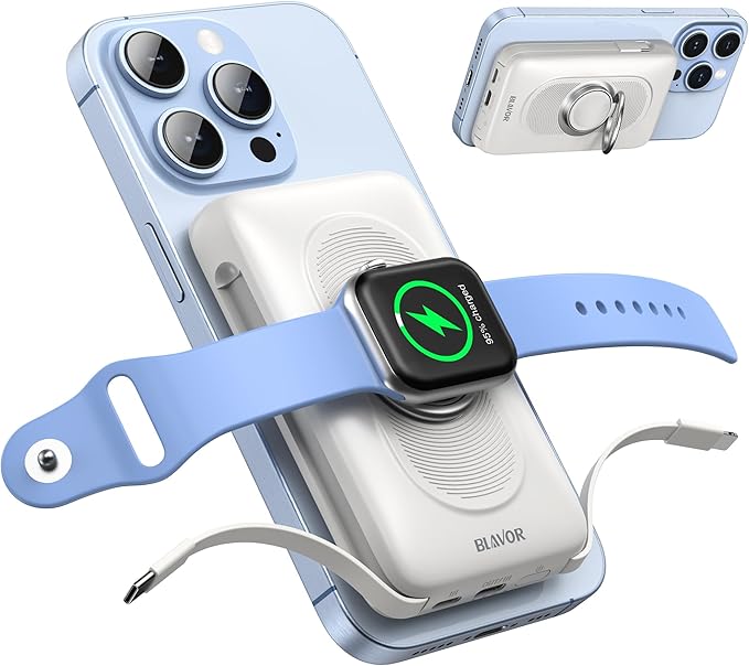BLAVOR for Magsafe Portable Charger with Built-in Cables, 20W Fast Charging, 10000mAh Magnetic Wireless Power Bank, Battery Pack with Stand for iPhone 16/15/14/13/12, Powerbank for Apple Watch(White)