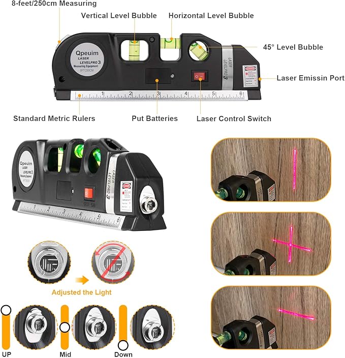 Laser Level Tool, Multipurpose Laser Level Kit Standard Cross Line Laser level Laser Line leveler Beam Tool with Metric Rulers by QPEUIM