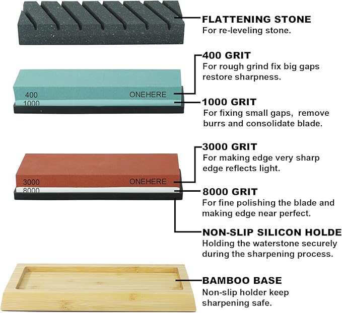 Knife Sharpening Stone Set, ONEHERE 4 Side Grit 400/1000 3000/8000 Whetstone Sharpener Kit with Non-Slip Bamboo Base, Leather Strop, Cut Resistant Gloves, Flattening Stone & Angle Guide (Large Set)