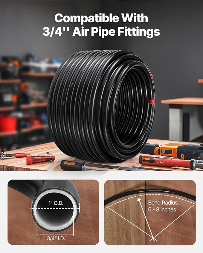 VEVOR Air Compressor Line Kit, 200FT x 3/4", HDPE-Aluminum Compressed Air Piping System, Leak-Proof & Easy-to-Install, Compressed Air Line Tubing Kit for Garages Workshops, Black
