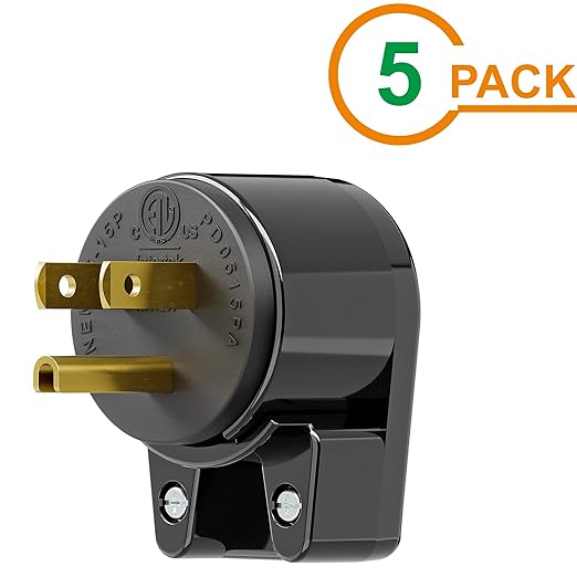 ETL Verified 5-Pack Nema 5-15P 90 Degree Right Angle AC Plug, 15A 125V, Black
