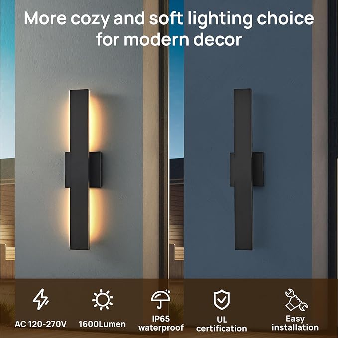 Upgraded 2-Pack 23.6in Black Long Modern LED Outdoor Wall Lights 3000K 4000K 5000K Dimmable Exterior Wall Sconce Outside Light fixtures for House Garage Front Door